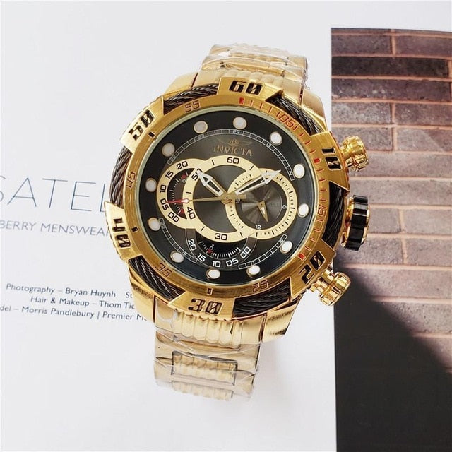 Creative Golden Men Quartz Wristwatches 3D Dial Design Full Steel Calendar Waterproof Big Watches Top Brand Luxury Clock 674